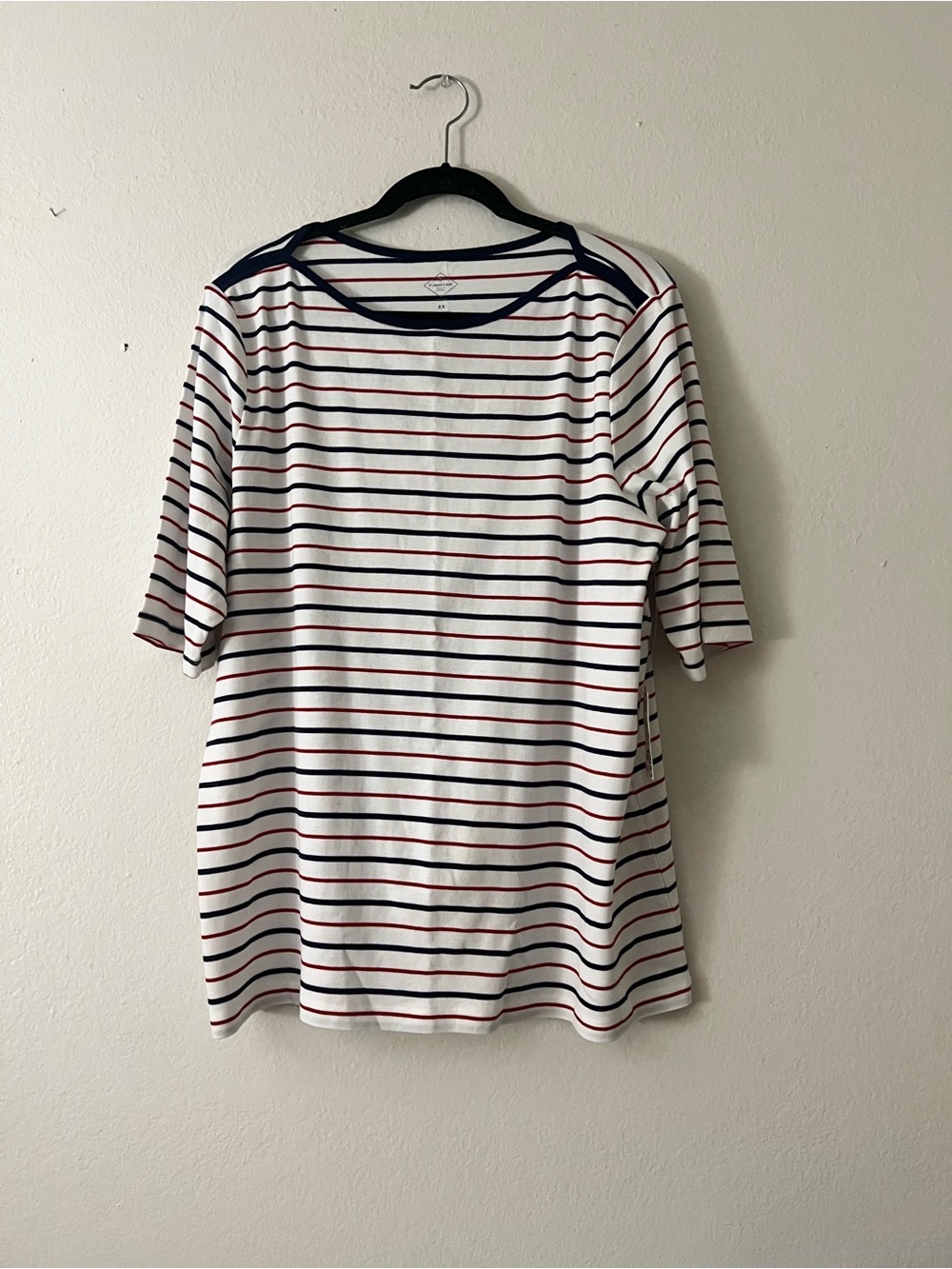 St. John’s Bay Women’s 2X  Boat Neck 3/4 Sleeve Striped Tee Navy Red /White